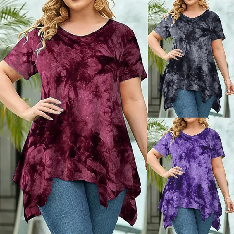 👚🌫️Bluzka damska tie-dye z dekoltem w serek, nieregularny kształt, krótkie rękawy — luźna, wyjątkowa🌀