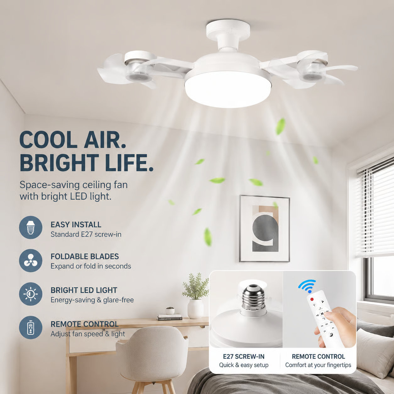 Screw-In Drone Ceiling Smart Fan with LED Light & Remote Control