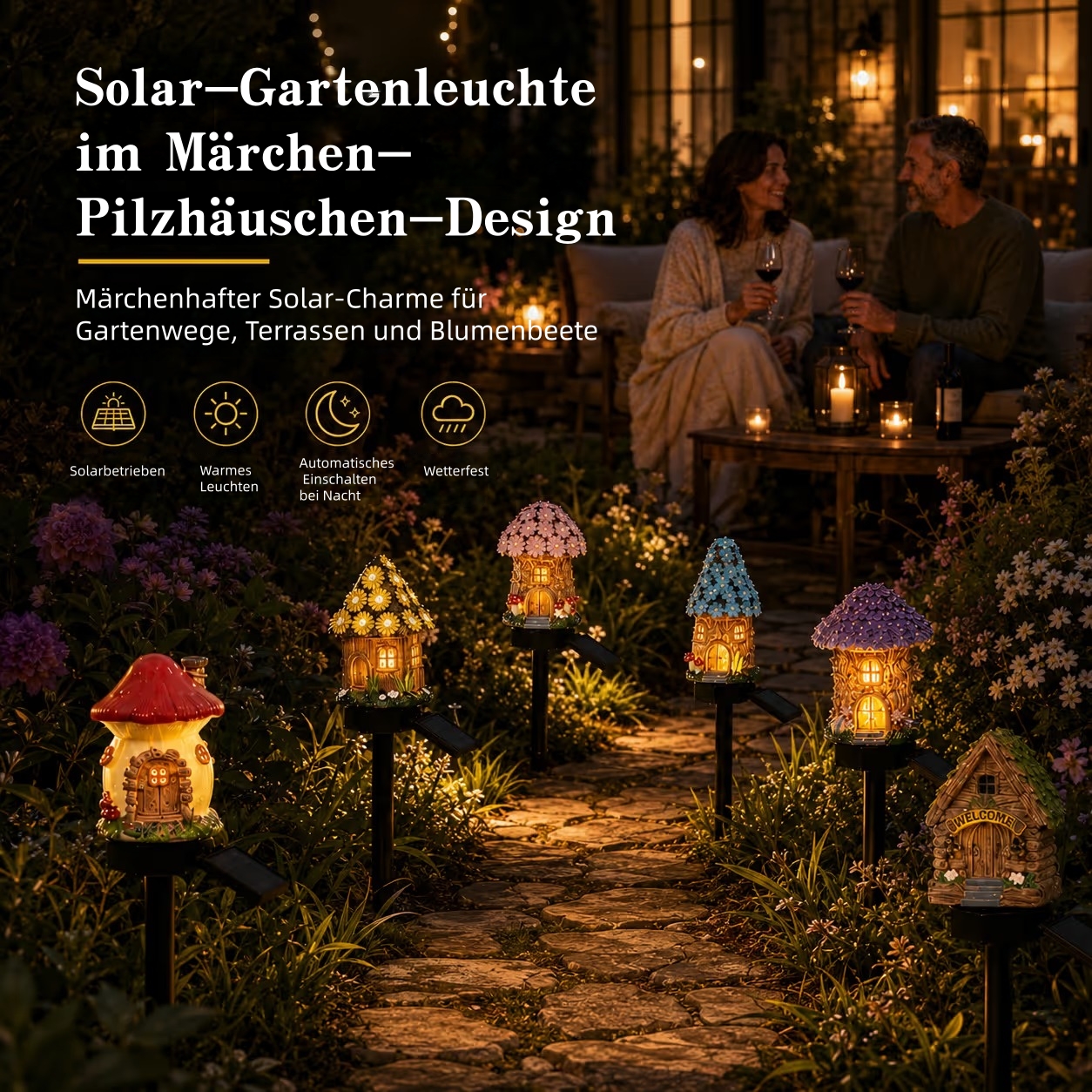 🍄Solar-Gartenleuchte in Pilzform mit Märchenmotiv