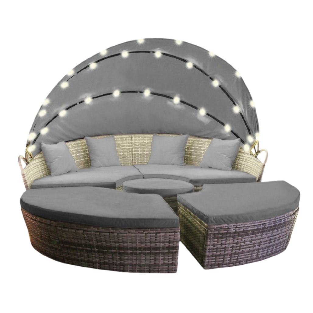 Canapé de jardin en résine tressée avec coussins et auvent - Dimensions estimées : 200 x 200 x 100.-velnoraliving