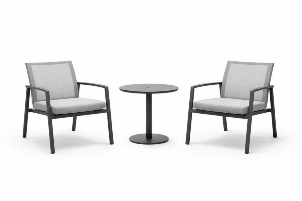 Ensemble Table Ronde avec Deux Fauteuils en Aluminium et Coussin en Tissu Gris-woodmingle