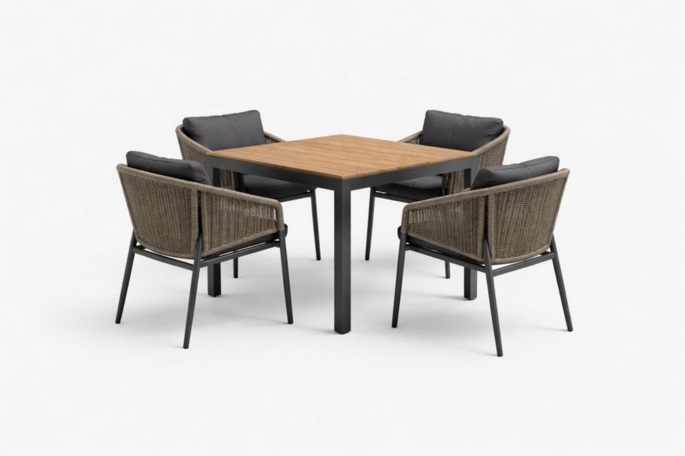 Ensemble de Salle à Manger Carré en Acier et Bois avec 4 Chaises en Rotin-woodmingle