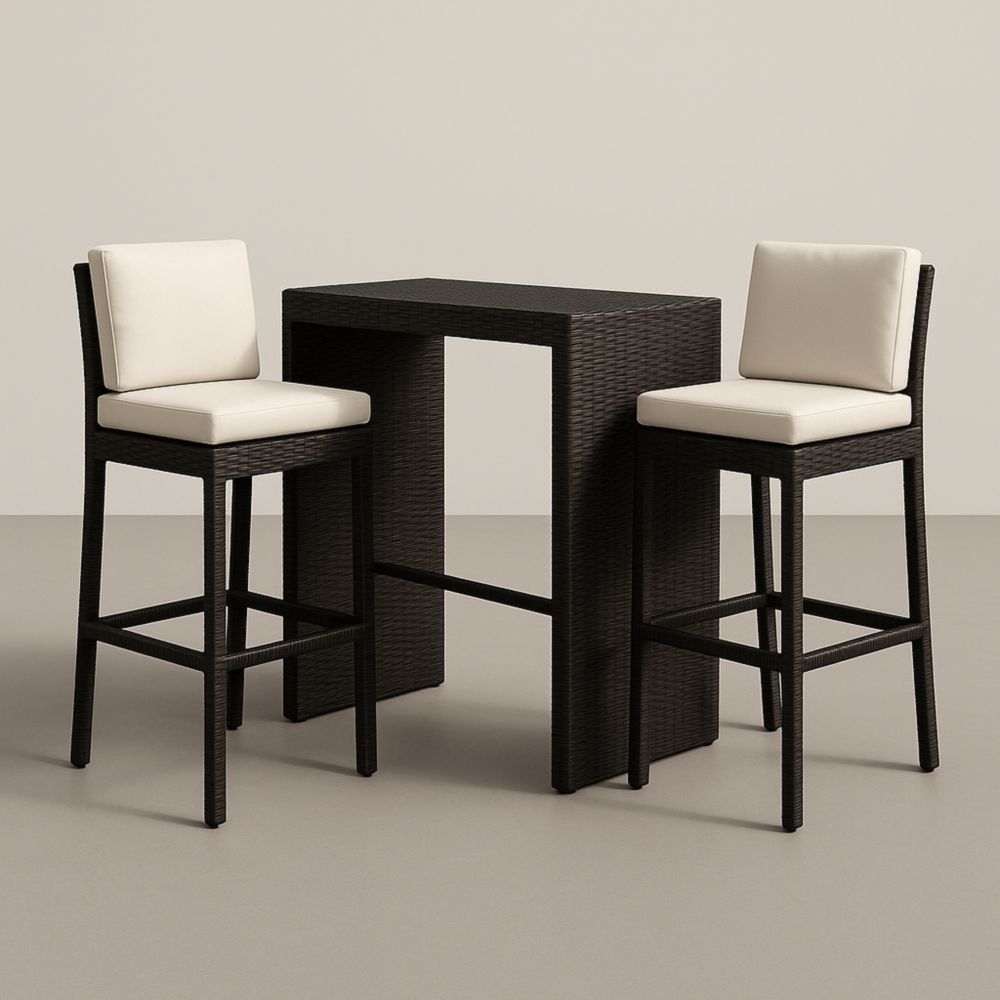 Table de Bar en Rotin Noire avec Chaises et Coussin Crème-velmontwood