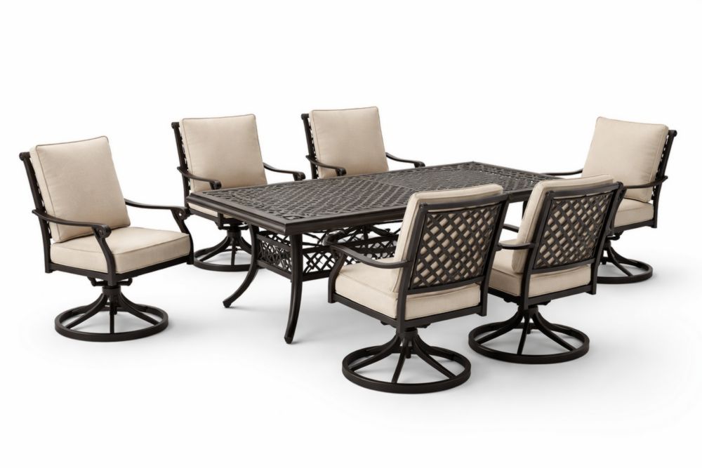 Ensemble de salle à manger extérieur aluminium avec table rectangulaire et 6 fauteuils beiges-velmontwood