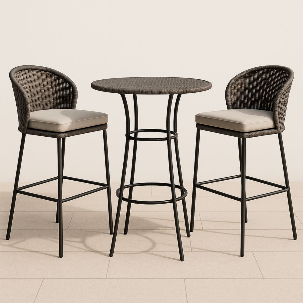 Ensemble de table et chaises de bar en osier et acier-velmontwood