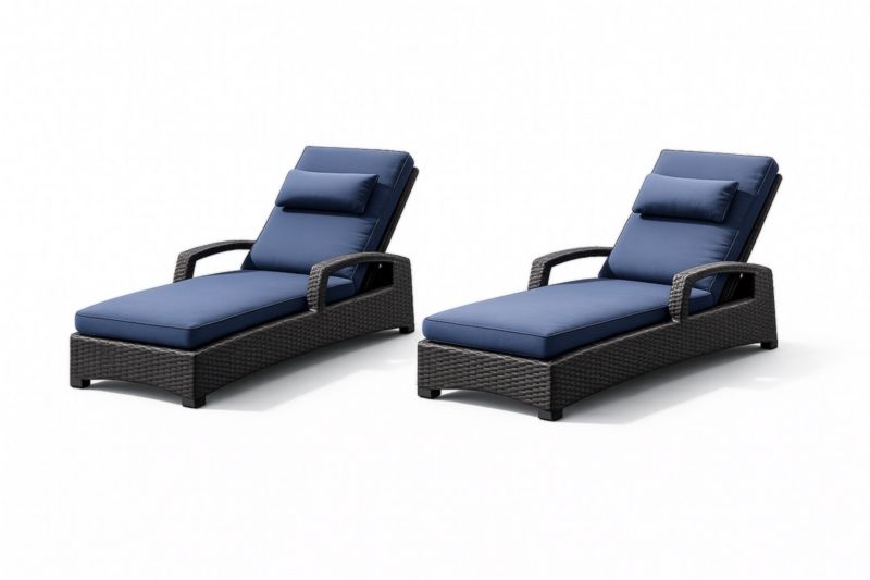Lot de 2 Chaises Longues d'Extérieur en Rotin avec Coussin Bleu-velmontwood