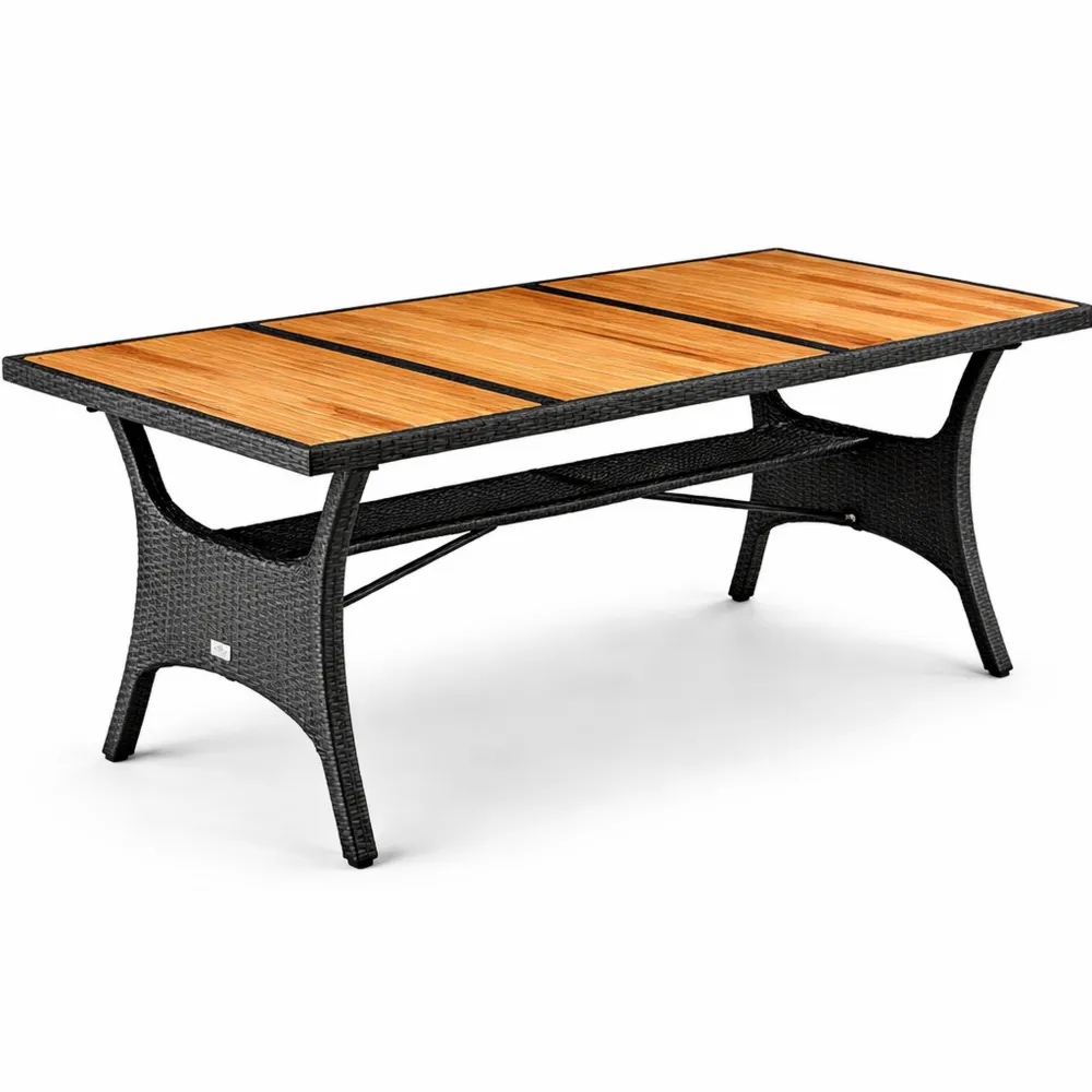 Table extérieure en polyrotin noir avec plateau en acacia pré-huilé
