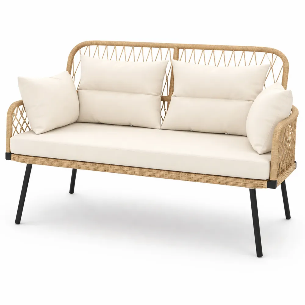 Canapé d'extérieur 2 places avec coussins en résine tressée, accoudoirs, cadre en acier galvanisé, couleur beige