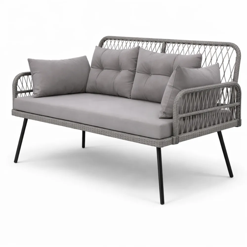 Canapé d'extérieur 2 places en résine tressée avec coussins, cadre en acier pour balcon, gris foncé