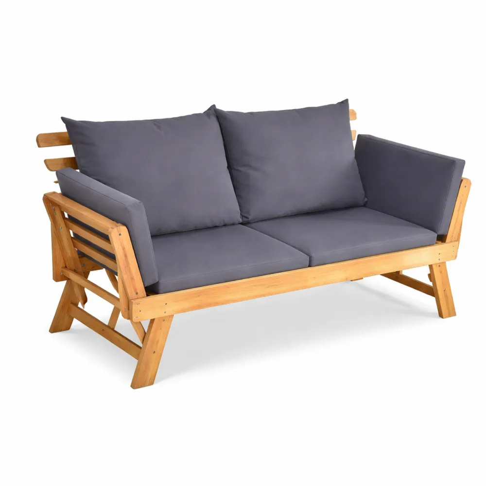Canapé de jardin en bois avec accoudoirs réglables et coussin