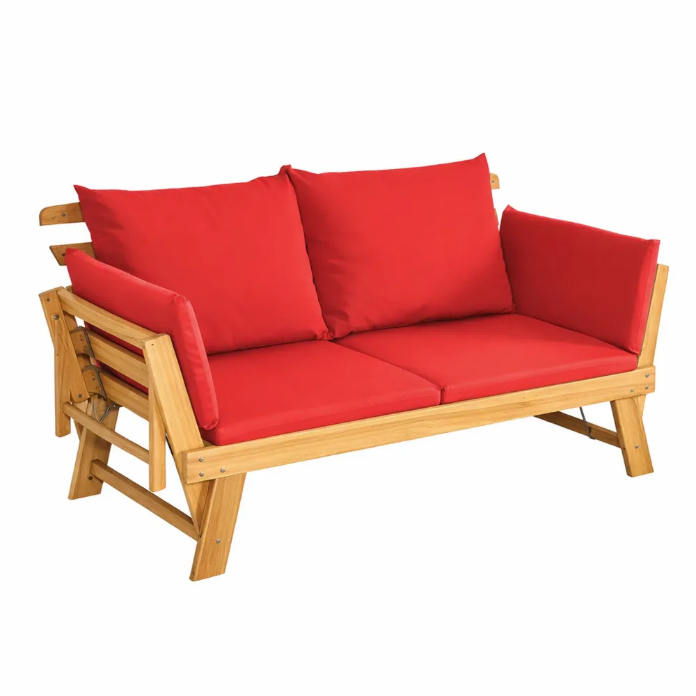 Sofa de jardin en bois d'acacia, 2 places, accoudoirs ajustables, coussins inclus, pour extérieur