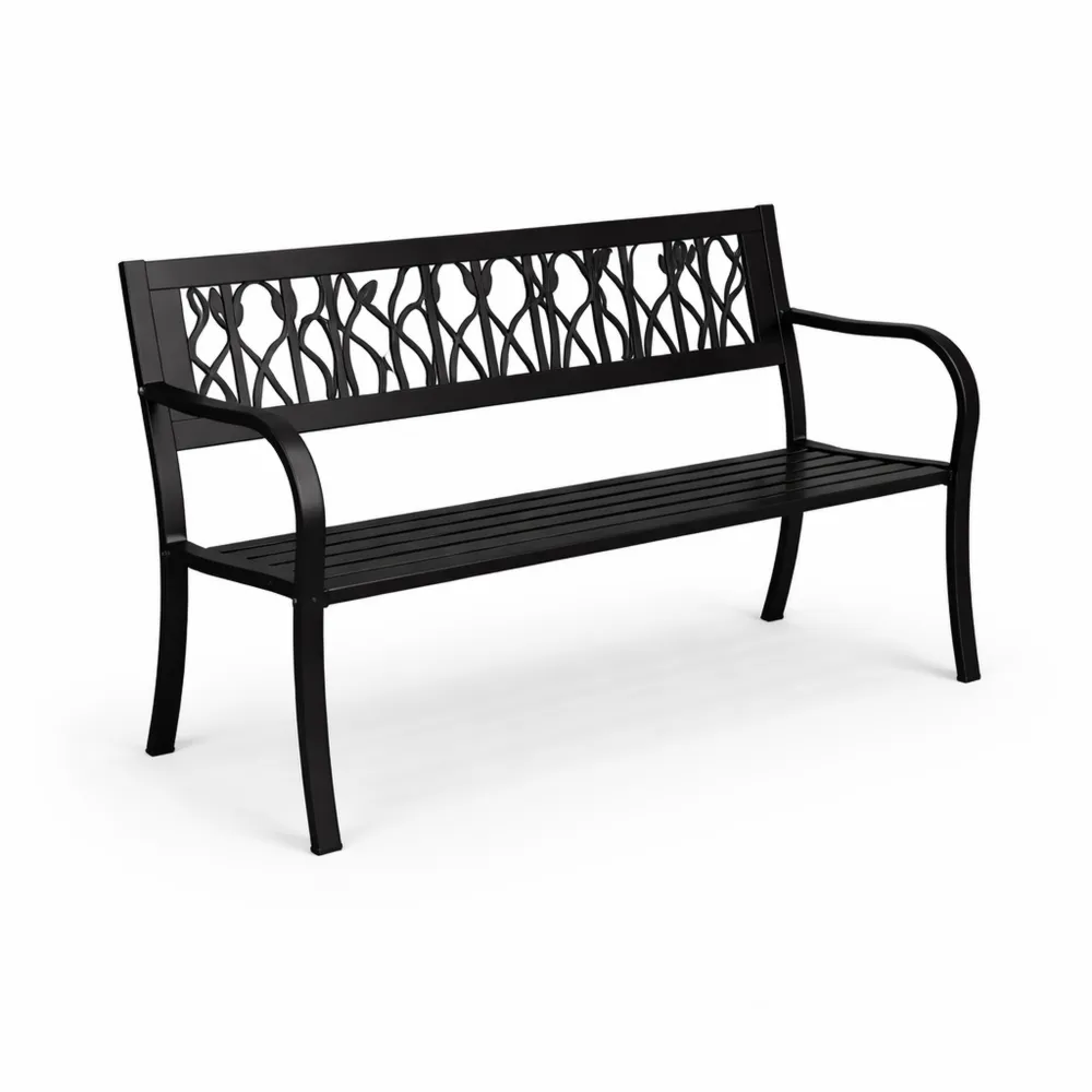Banc de jardin en acier, motif fleuri, 3 places, idéal pour parc et patio, Noir