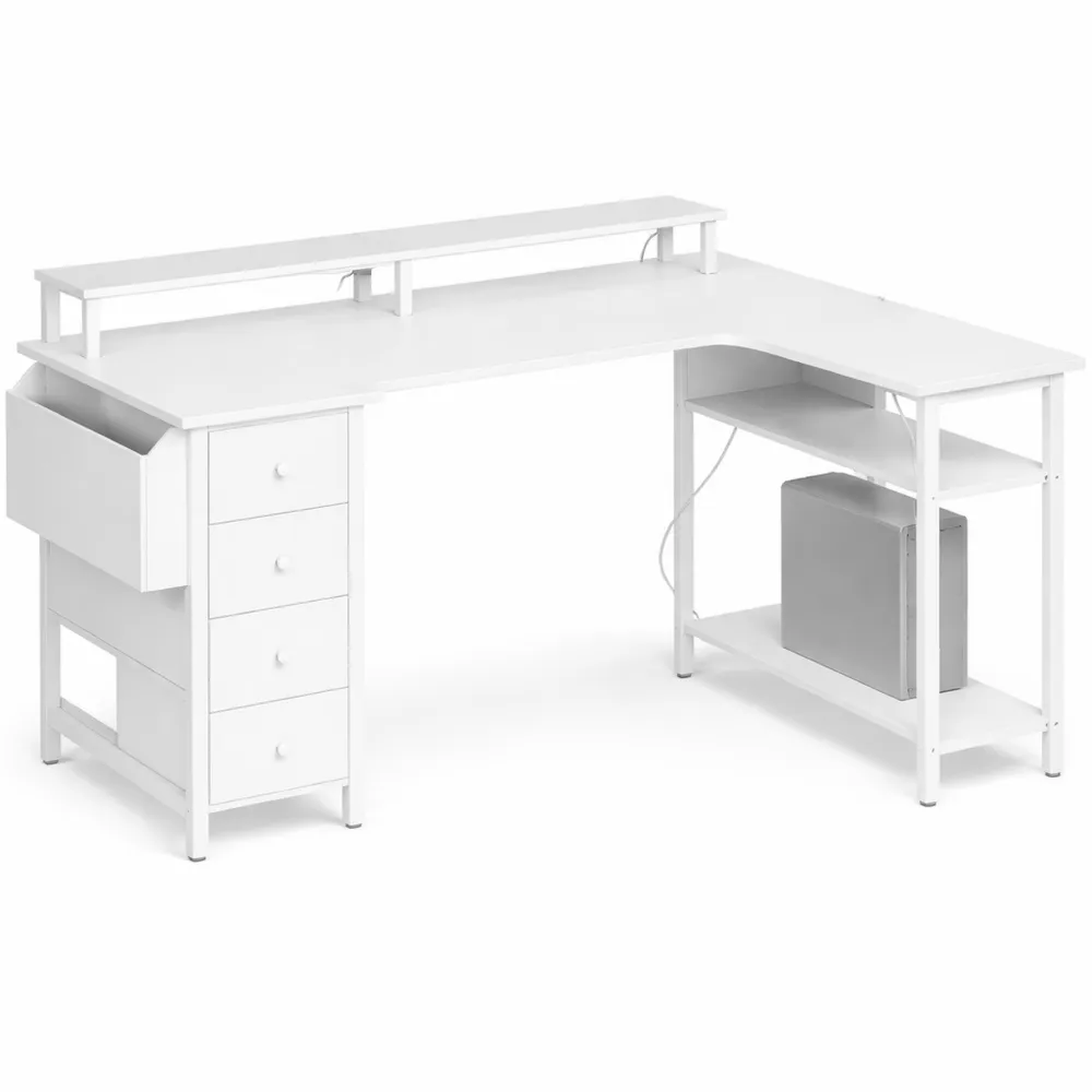 Bureau d'angle réversible avec chargeur USB et prises, 4 tiroirs et support écran