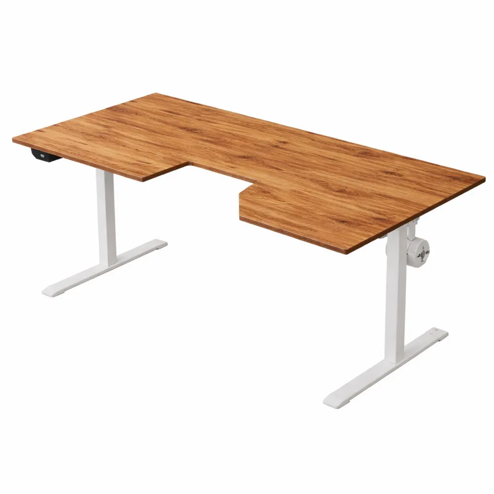 Bureau en L réglable en hauteur, ergonomique pour travail debout ou assis, couleur marron clair