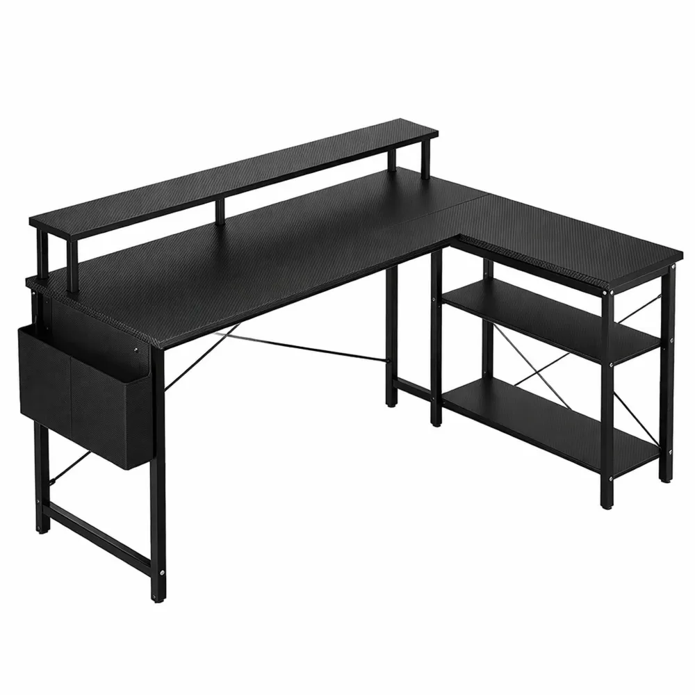 Bureau d'angle réversible avec port USB et prise, 100x70cm, support d'écran intégré, noir