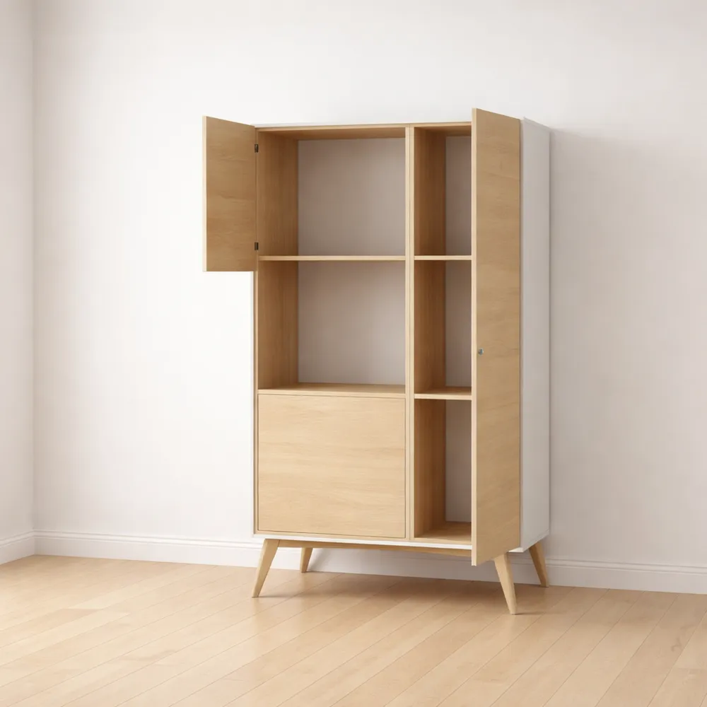 Buffet haut moderne à 3 portes, chêne et blanc, 81x43x135 cm