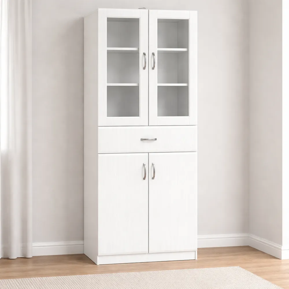 Buffet de cuisine avec étagères réglables et portes vitrées