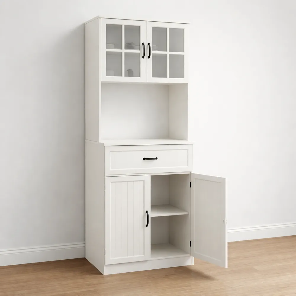 Buffet de Cuisine Moderne avec Étagères Réglables et Portes en Verre, Blanc