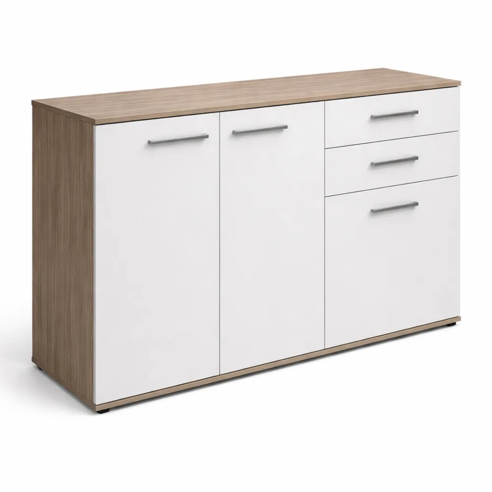 Buffet Moderne avec Portes et Tiroirs, Espace Rangement, Blanc et Chêne