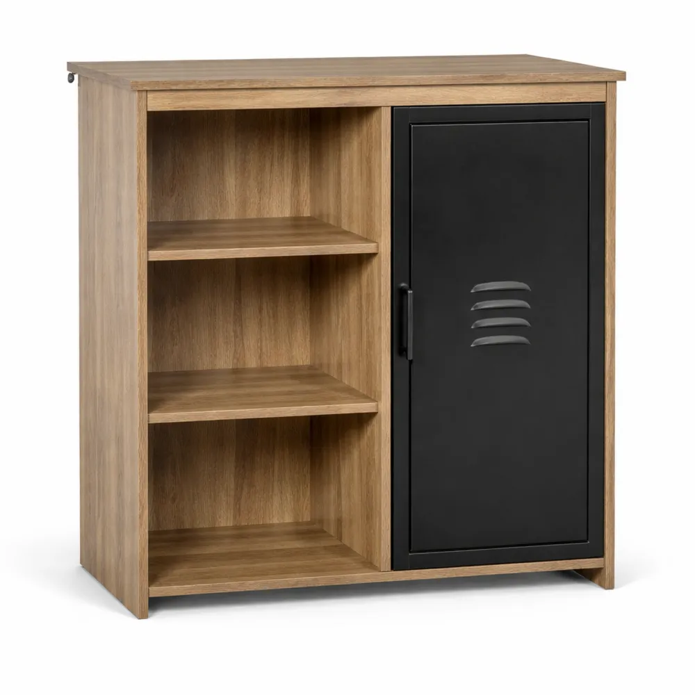 Buffet industriel en bois avec portes en métal noir et trois niches