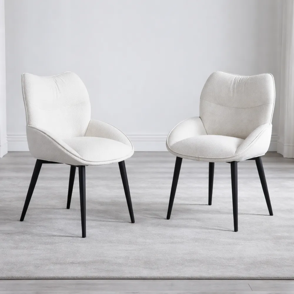 Lot de 2 chaises confortables en chenille avec pieds en métal, blanches