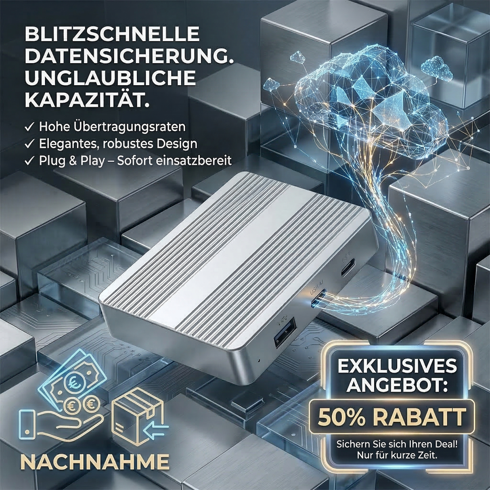 Dual-Bay-SSD-Gehäuse mit Partitionskontrolle und aktiver Kühlung.