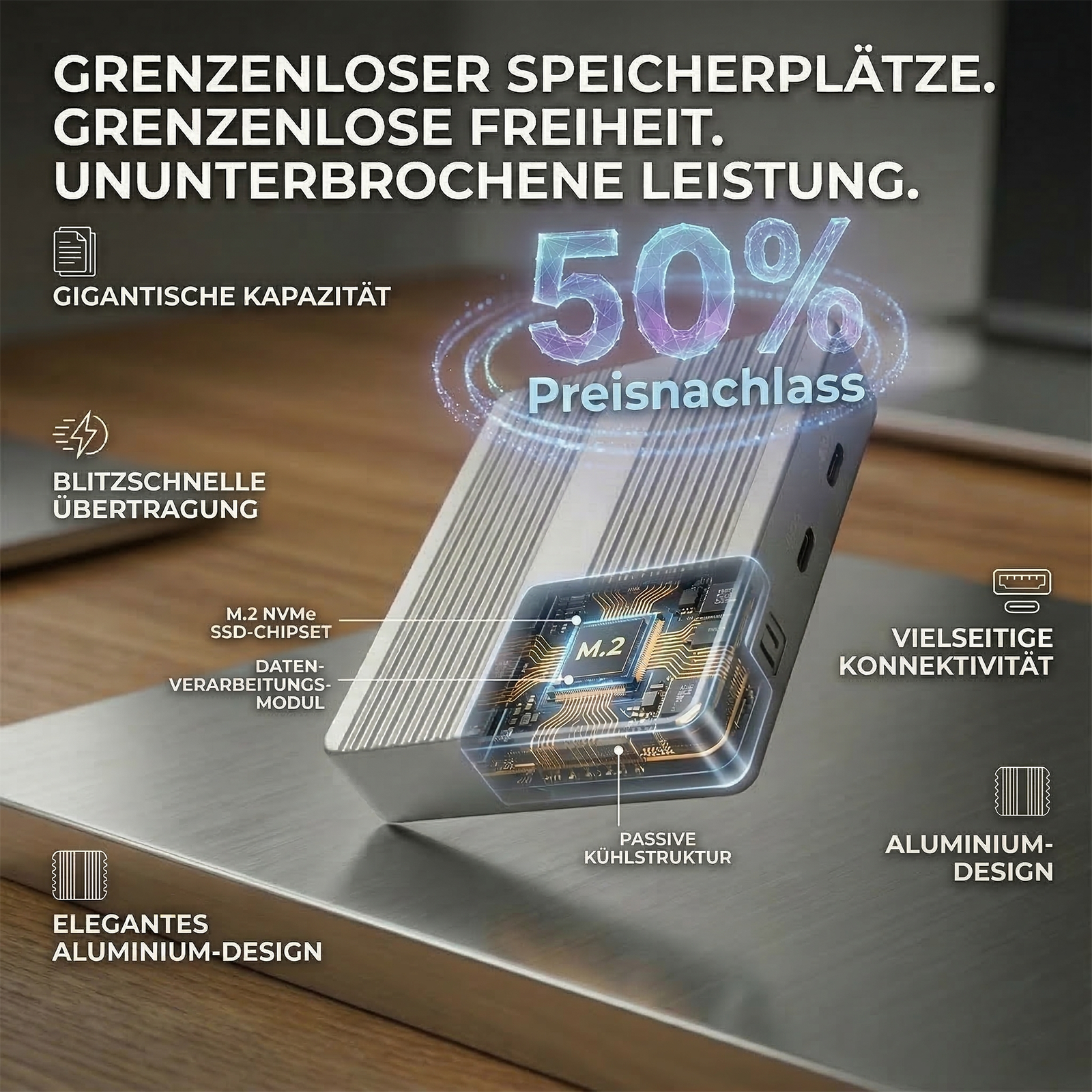 Dual-Bay-SSD-Gehäuse mit Partitionskontrolle und aktiver Kühlung.