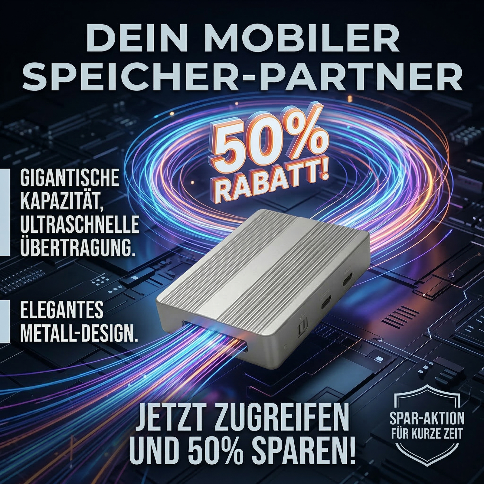 Dual-Bay-SSD-Gehäuse mit Partitionskontrolle und aktiver Kühlung.
