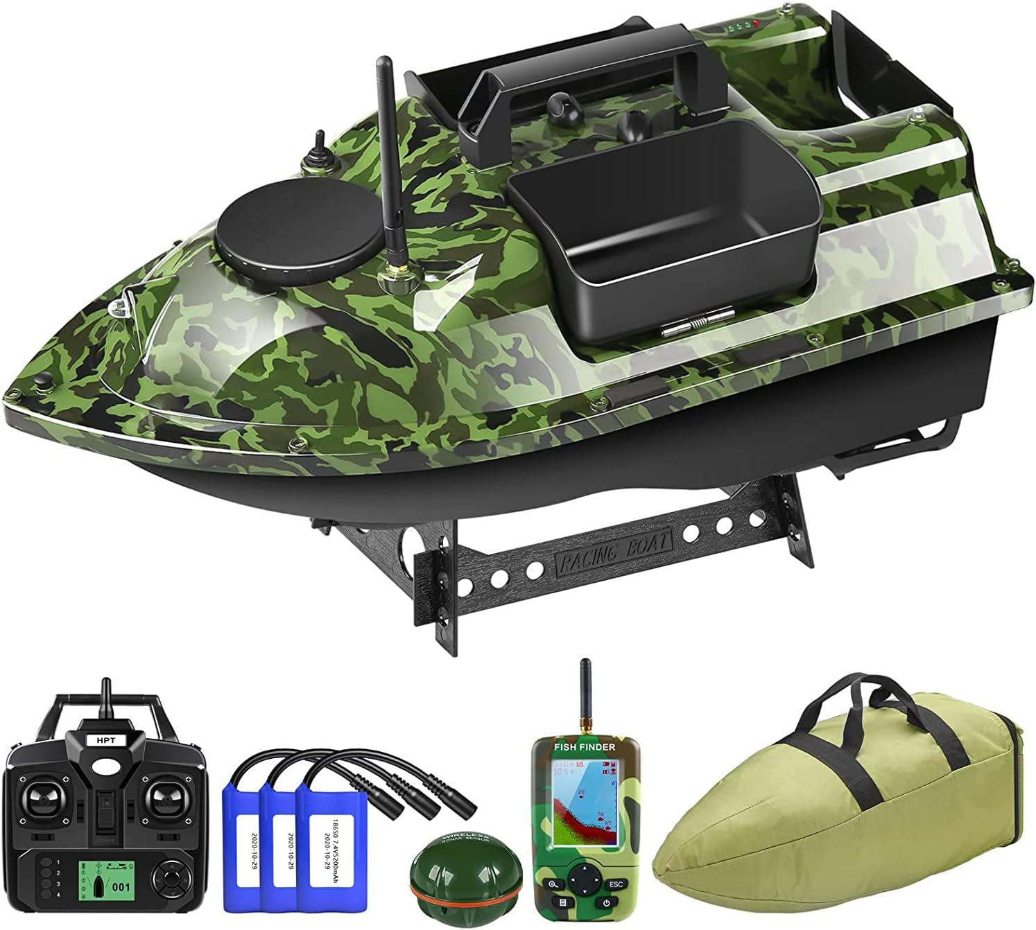 Inteligentní lodička na návnady poháněná umělou inteligencí s nezávislým plněním návnady třemi komorami, automatickým ukazatelem směru pro polohu ryb a dálkově ovládanou rybářskou loďkou s dlouhým dosahem.