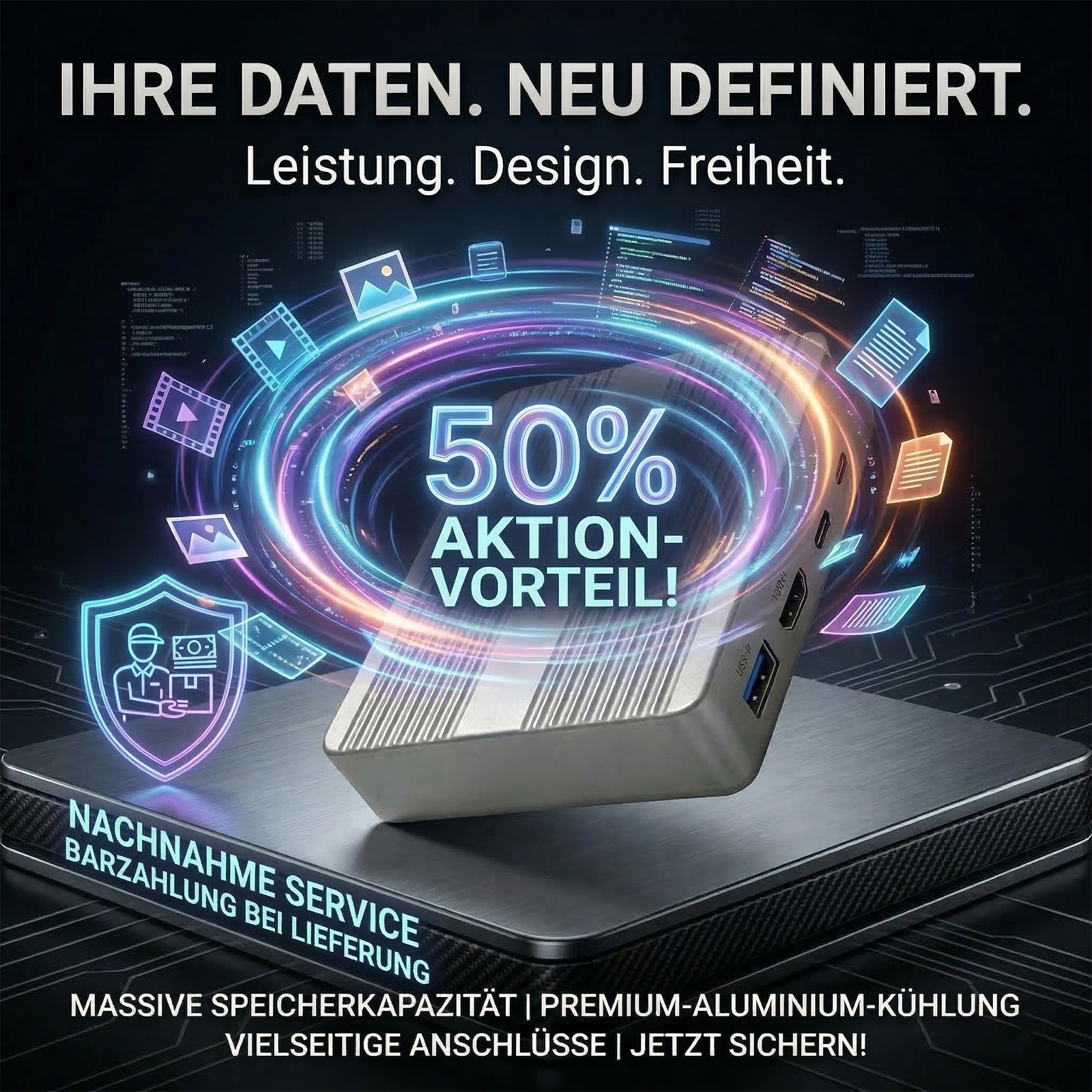 Dual-Bay-SSD-Gehäuse mit Partitionskontrolle und aktiver Kühlung.