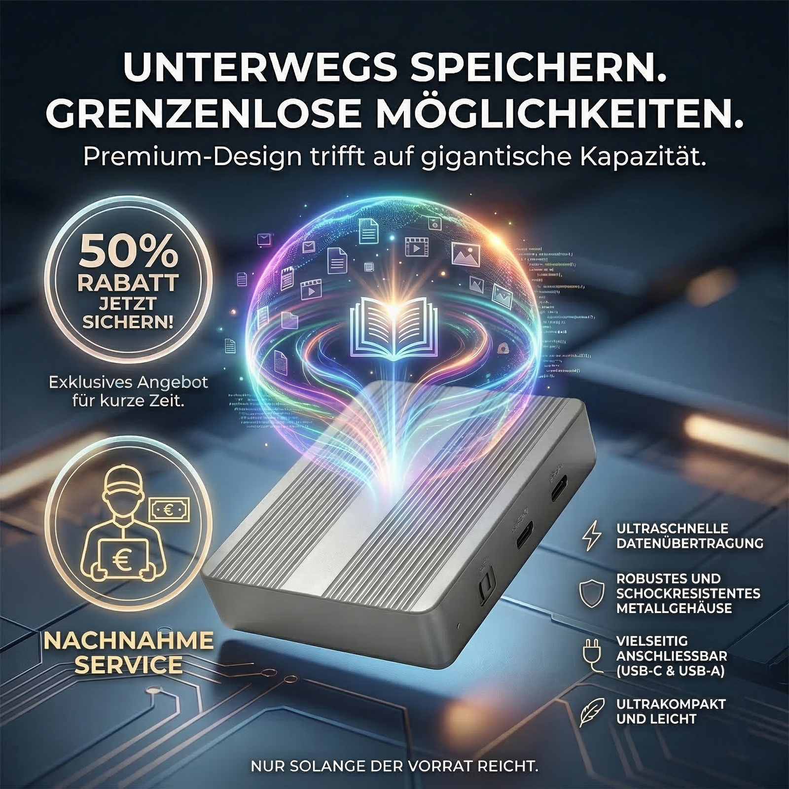 Dual-Bay-SSD-Gehäuse mit Partitionskontrolle und aktiver Kühlung.