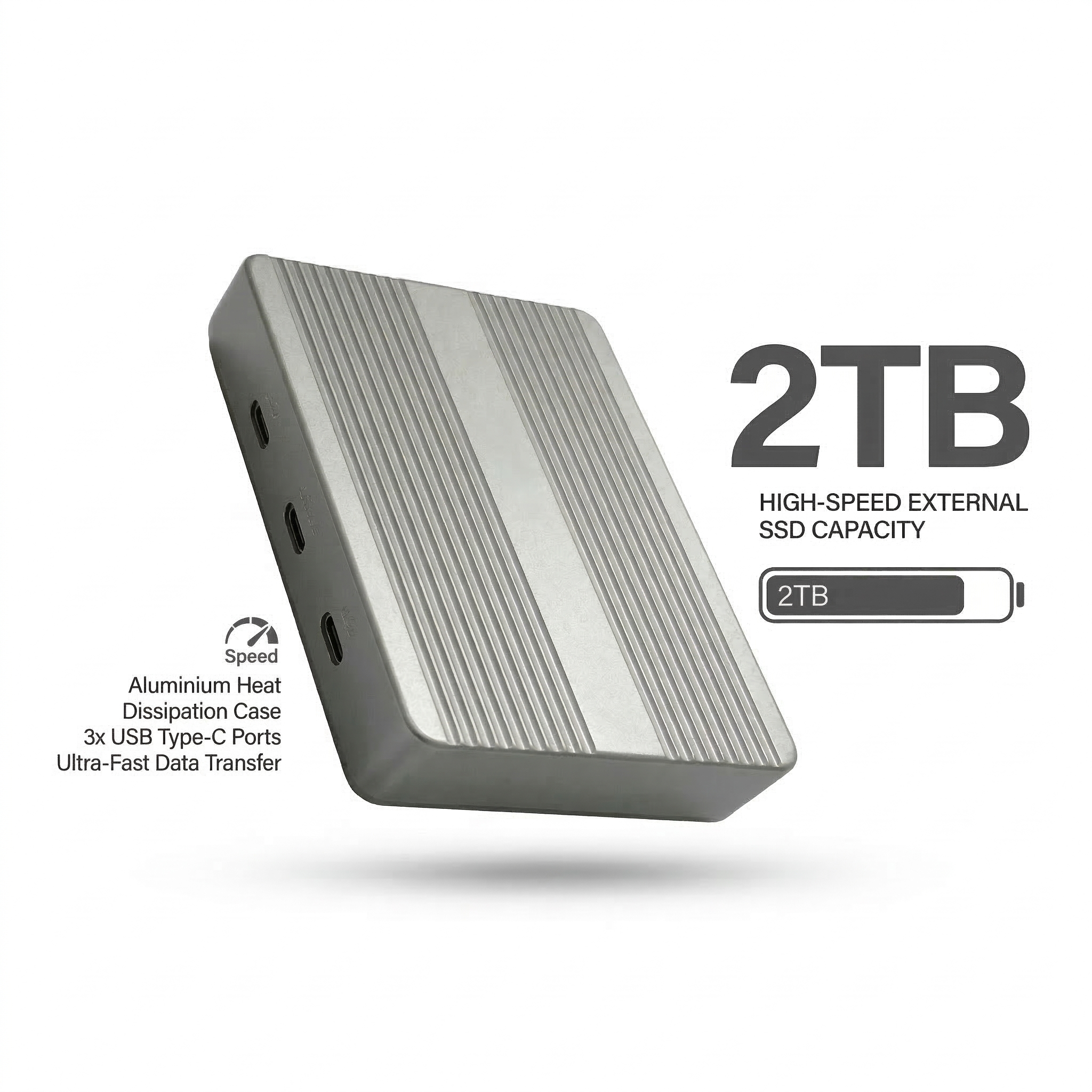 Dual-Bay-SSD-Gehäuse mit Partitionskontrolle und aktiver Kühlung.