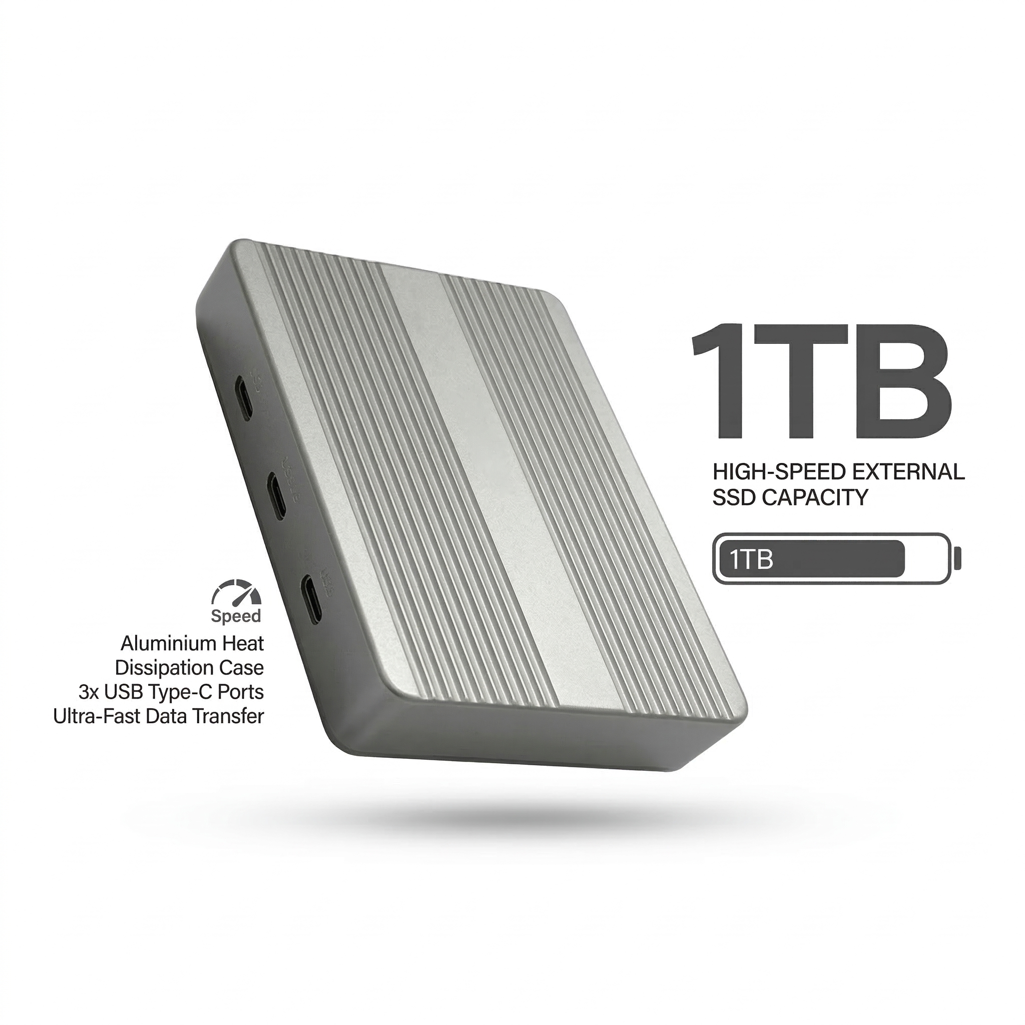 Dual-Bay-SSD-Gehäuse mit Partitionskontrolle und aktiver Kühlung.