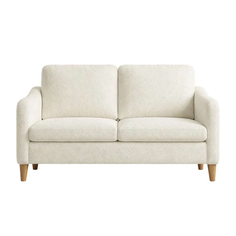 Canapé en tissu bouclette 2 places avec coussins intégrés, assise moelleuse et structure en bois