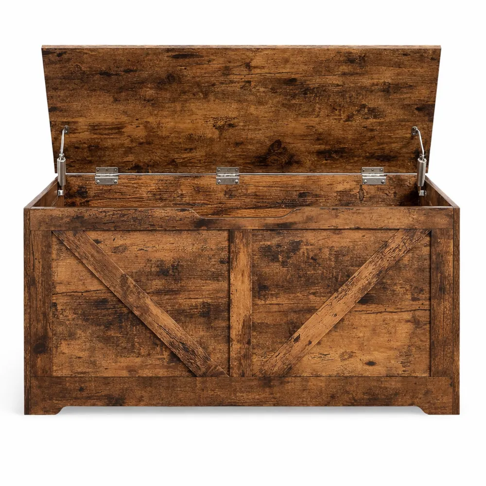 Banc de rangement pour chaussures avec charnières de sécurité, finition rustique