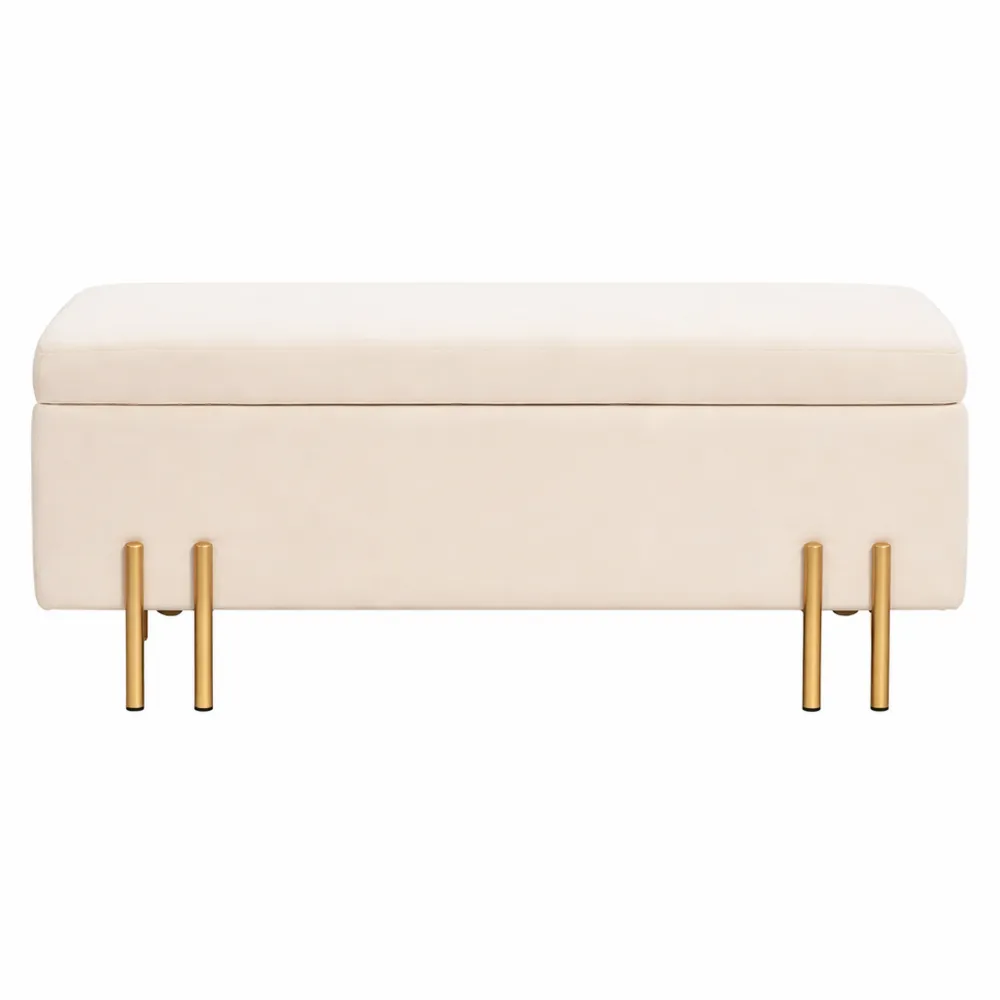 Banc de rangement en velours avec espace de stockage et pieds en métal doré