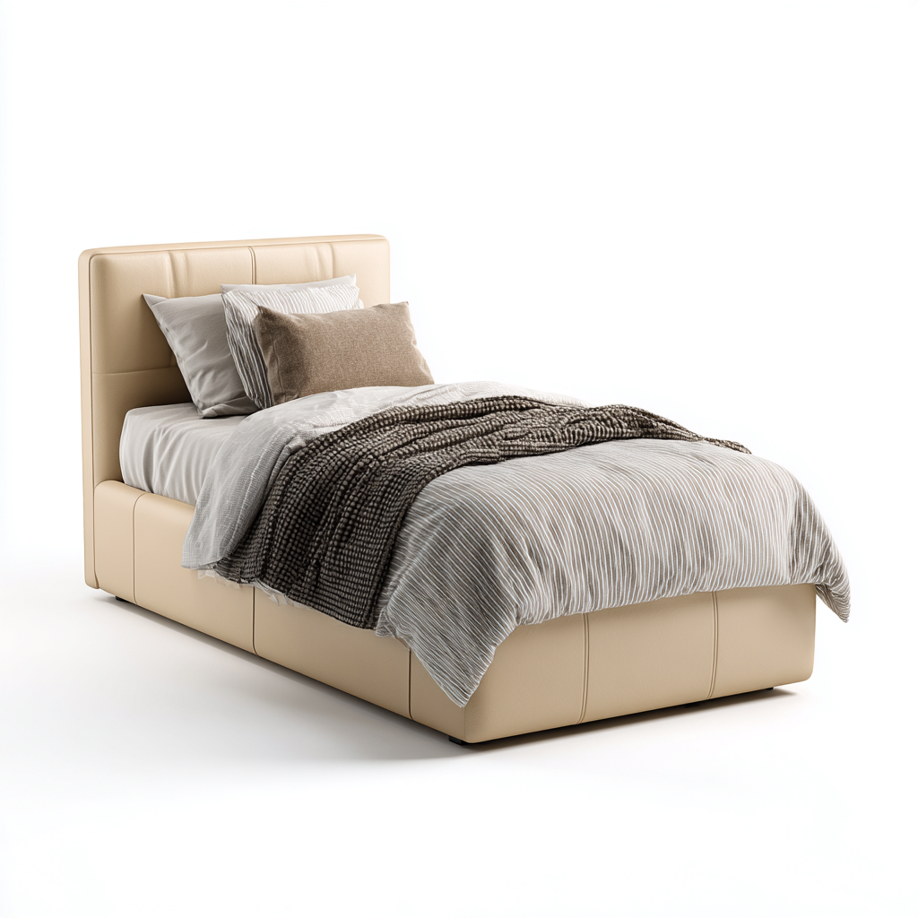 Cama individual tapizada 200x100x100 cm - cuero beige - apta para dormitorio - diseño moderno-Luxemylab