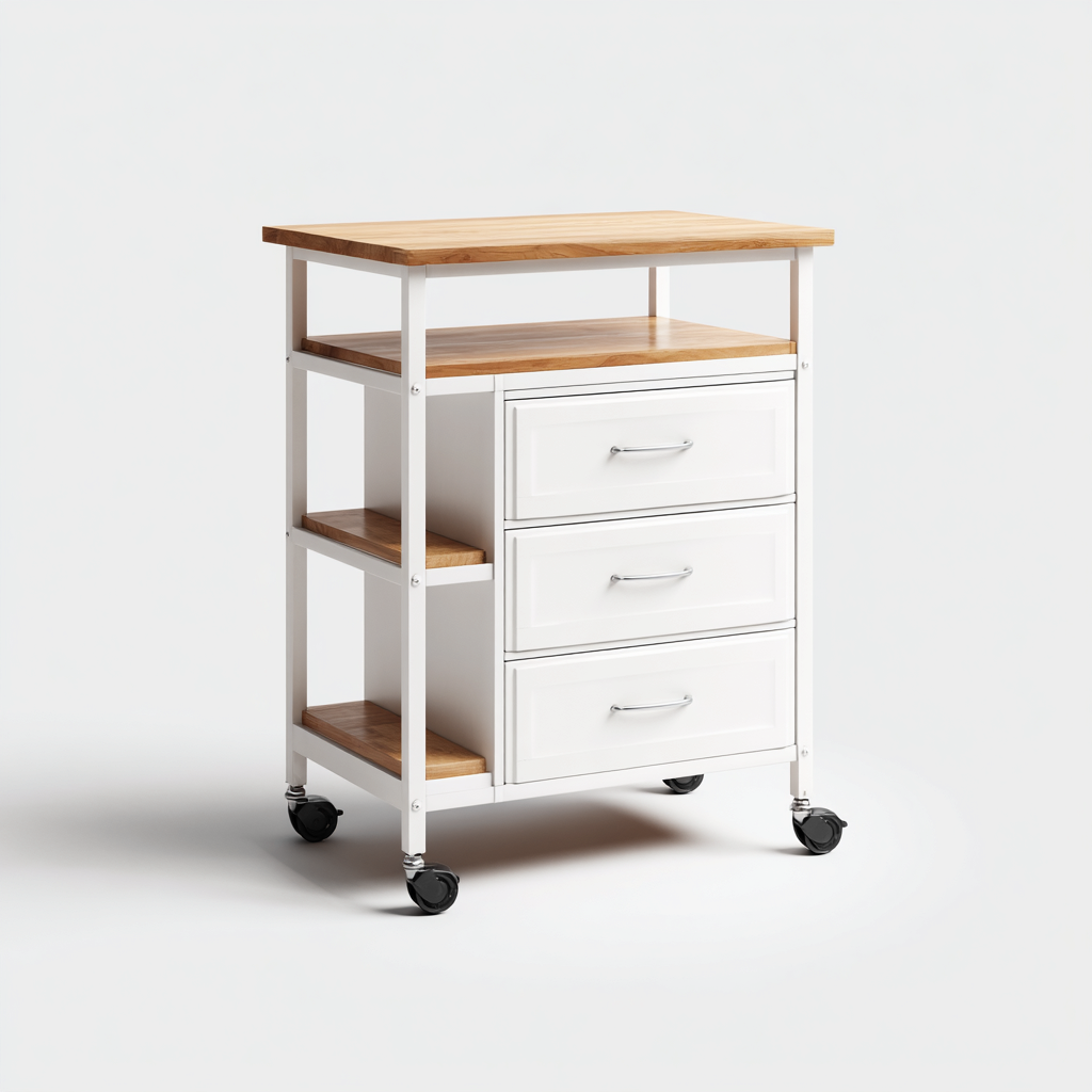 Isla de cocina metal-madera 75x40x85 cm - blanco-madera - estilo moderno apta para cocina diseño funcional con 3 cajones y múltiples estantes abiertos-Luxemylab