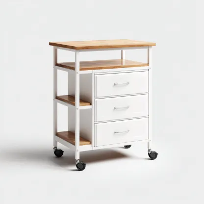 Isla de cocina metal-madera 75x40x85 cm - blanco-madera - estilo moderno apta para cocina diseño funcional con 3 cajones y múltiples estantes abiertos-Luxemylab