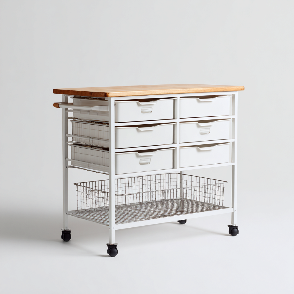 Isla de cocina metal-madera 90x40x85 cm - blanco-madera - estilo moderno apta para cocina diseño funcional con cajones y cesta metálica-Luxemylab