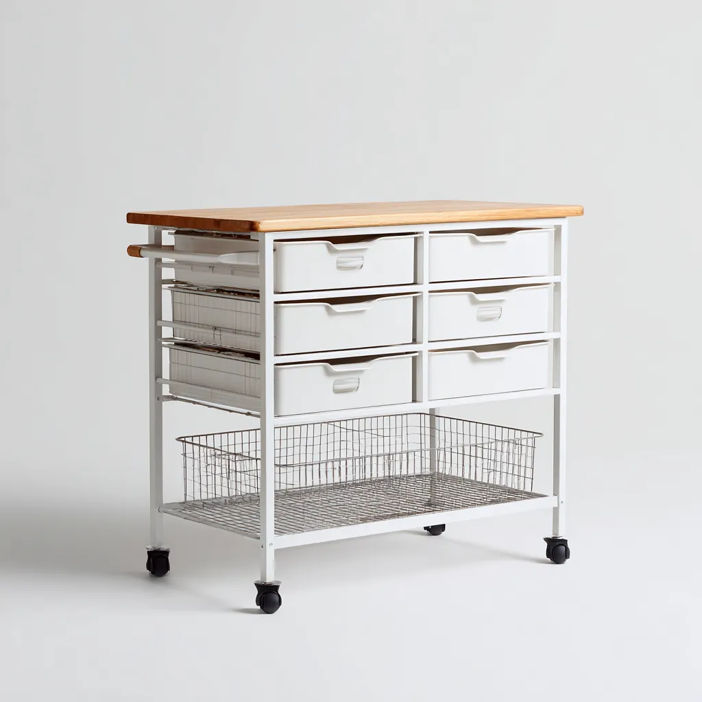 Isla de cocina metal-madera 90x40x85 cm - blanco-madera - estilo moderno apta para cocina diseño funcional con cajones y cesta metálica-Luxemylab