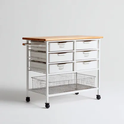 Isla de cocina metal-madera 90x40x85 cm - blanco-madera - estilo moderno apta para cocina diseño funcional con cajones y cesta metálica-Luxemylab