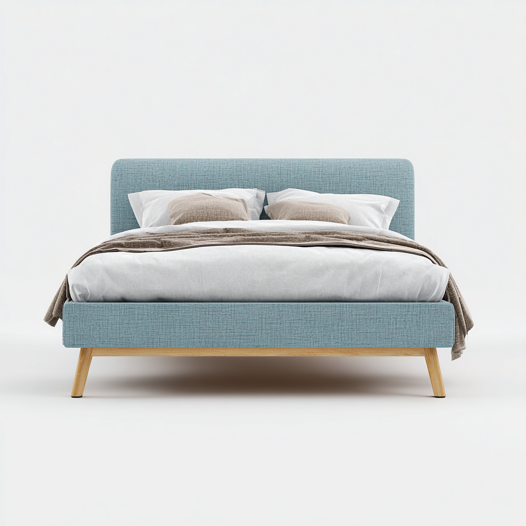 Cama matrimonial tapizada en tela 200x180x100 cm - azul claro - apta para dormitorio - diseño escandinavo suave minimalista-Luxemylab