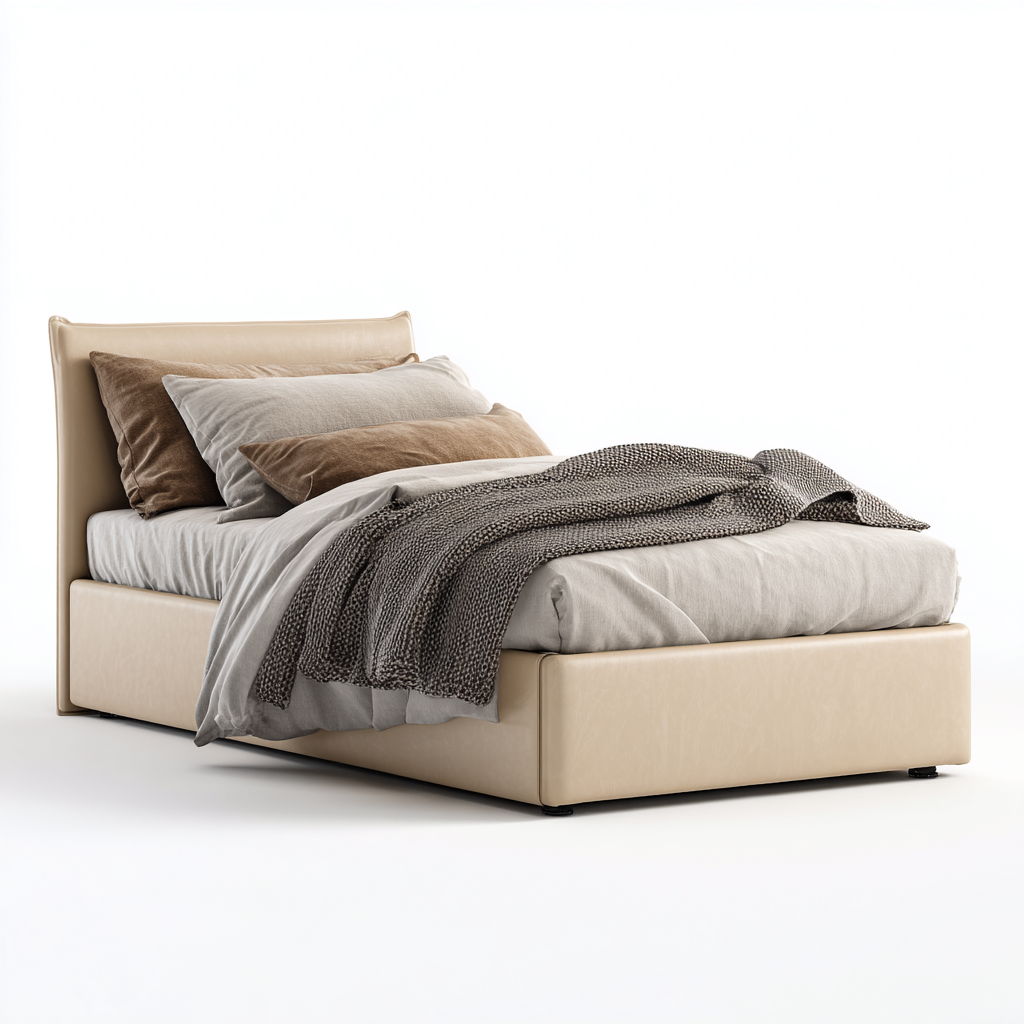 Cama individual tapizada 200x100x98 cm - cuero beige - apta para dormitorio - diseño moderno-Luxemylab