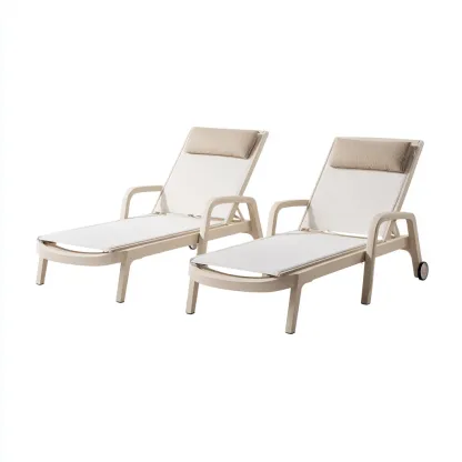 Tumbona de jardín conjunto de 2 piezas estructura de resina y textil 196x66x85 cm - blanco-beige - estilo moderno aptas para jardín-Luxemylab