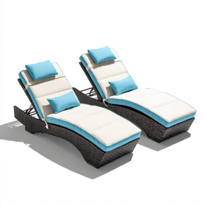 Tumbona de jardín conjunto de 2 piezas estructura de ratán sintético y cojín textil 198x70x86 cm - blanco-azul-marrón - estilo moderno aptas para jardín-Luxemylab