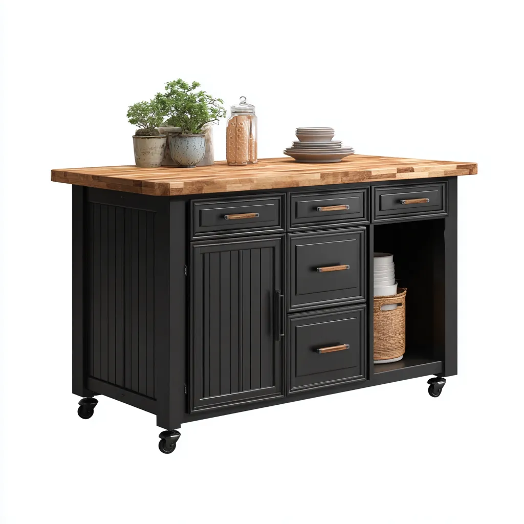 Isla de cocina madera 120x55x90 cm - negro-madera - estilo moderno apta para cocina diseño funcional con cajones y armario-Luxemylab