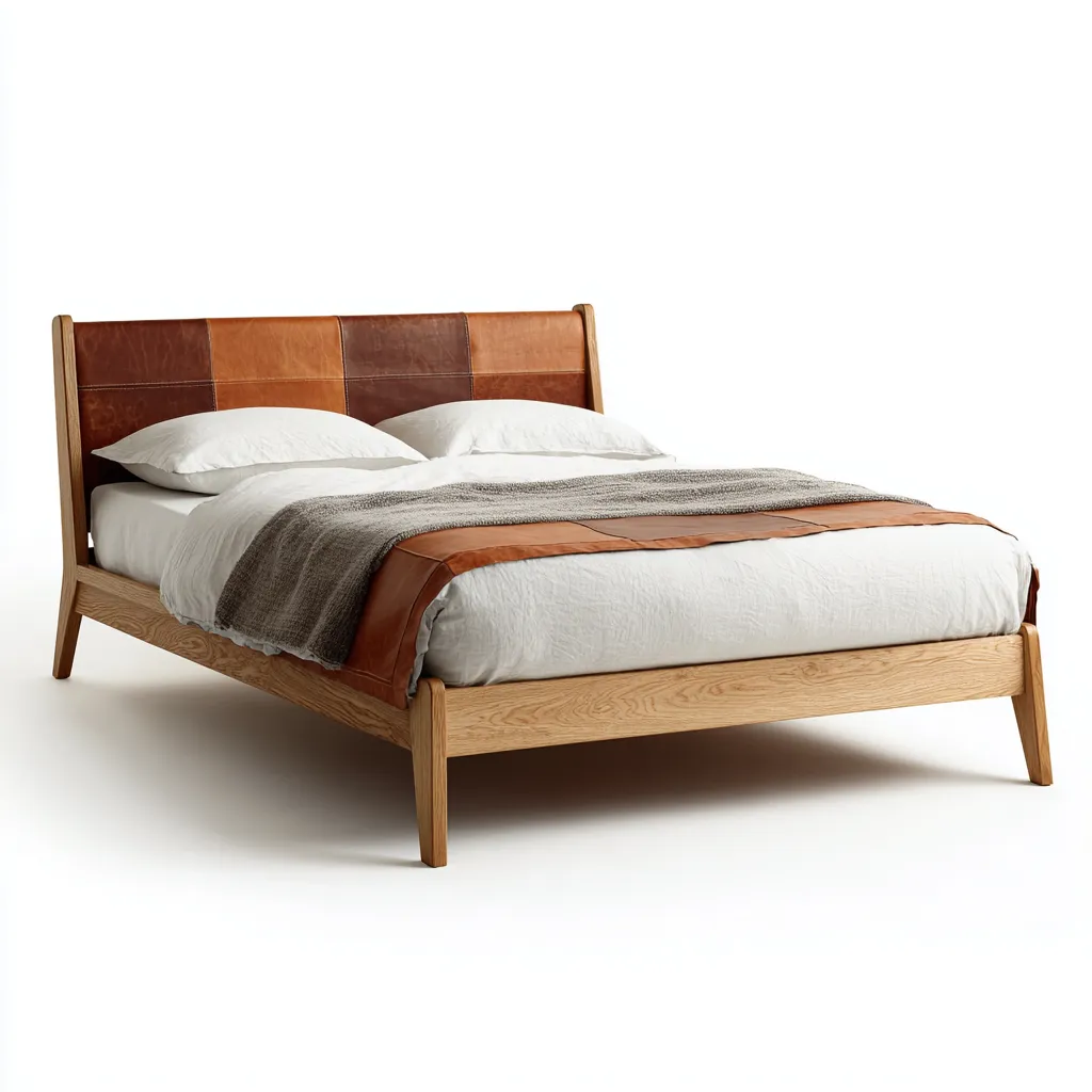 Cama matrimonial tapizada en cuero 200x180x113 cm - marrón-marrón claro - apta para dormitorio - diseño moderno de estilo mid-century-Luxemylab