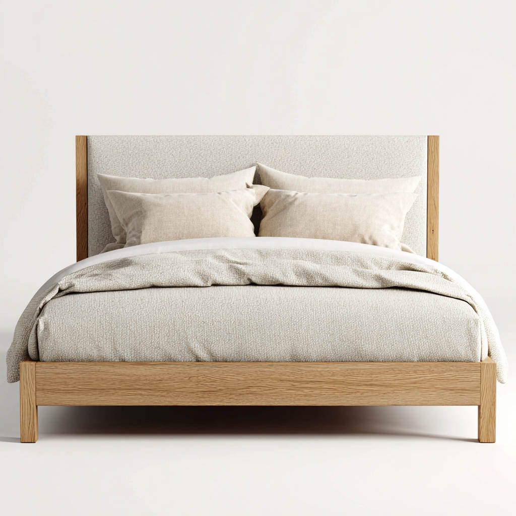 Cama matrimonial madera y tela 200x180x110 cm - beige-madera natural - estilo moderno adecuada para dormitorio-Luxemylab