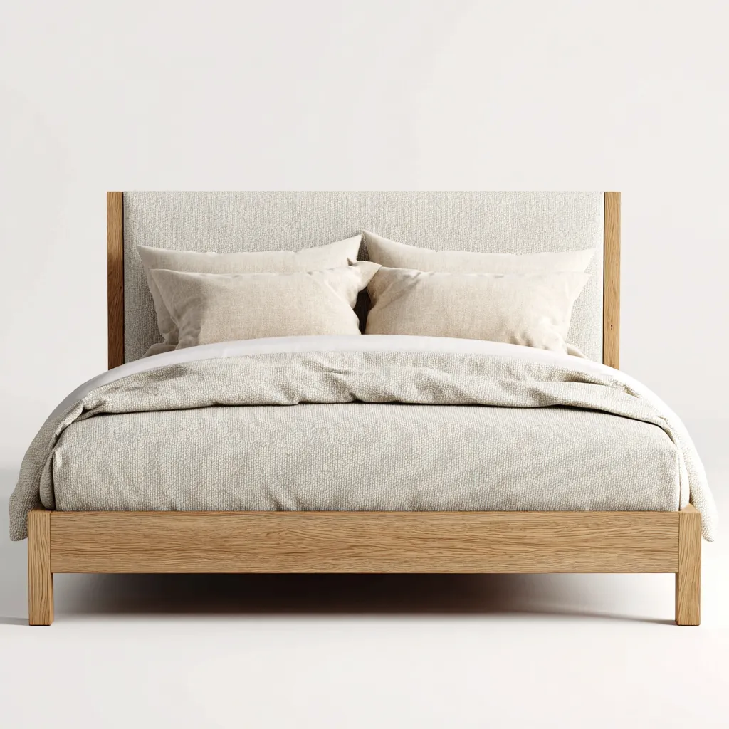 Cama matrimonial madera y tela 200x180x110 cm - beige-madera natural - estilo moderno adecuada para dormitorio-Luxemylab